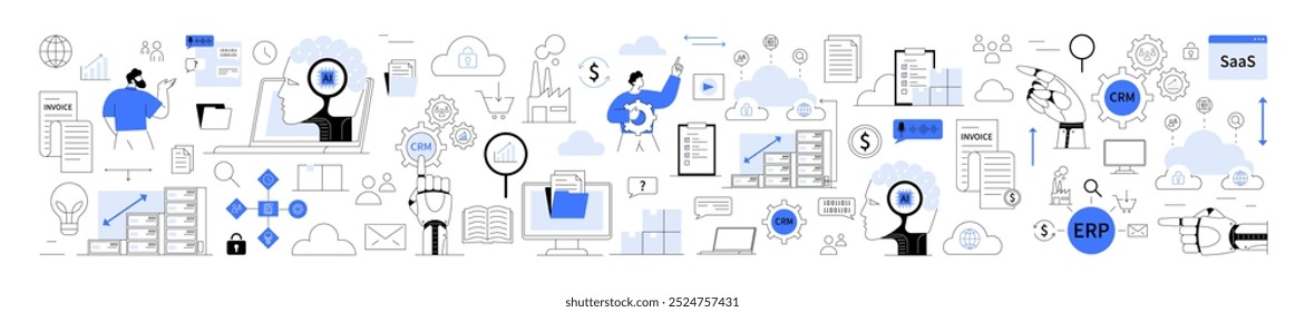 Automação de negócios, computação em nuvem, integração de ia. Análise de dados, rede, produtividade e computação em nuvem. Ideal para apresentações de negócios, tutoriais técnicos, marketing digital, SaaS promoção TI