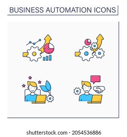 Business automation color icons set. Increased efficiency, favorite job, open collaboration, greater productivity. Business optimization concept.Isolated vector illustration