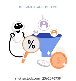 Business automation concept. A robot optimizing the sales funnel to enhance efficiency and increase revenue. Streamlined workflow represented visually. Vector illustration.