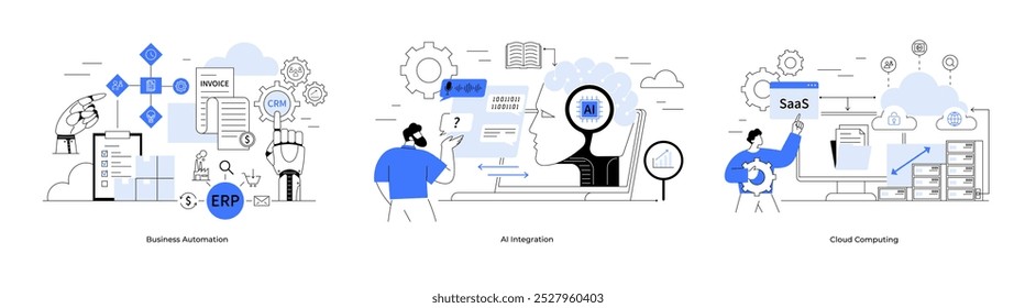 Business automation with ERP, AI integration with machine learning, and cloud computing with SaaS solutions. Ideal for technology, business, software development, AI, cloud computing. Blue metaphor