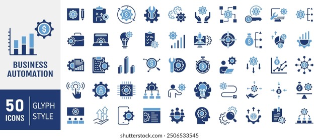 Business automation flat icon collection set. Containing process, digital transformation, industry 4.0, productivity, technology, business icon. Simple flat vector illustration