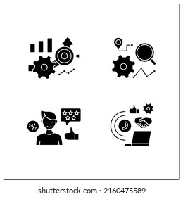 Business automation glyph icons set. Customer service, accuracy improved, tracking process, technology integration. Business optimization.Filled flat signs. Isolated silhouette vector illustrations