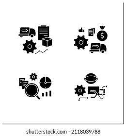 Business automation glyph icons set.Purchase orders, robotizing, timely analytics, automatic accounts payable. Business optimization concept.Filled flat signs. Isolated silhouette vector illustrations