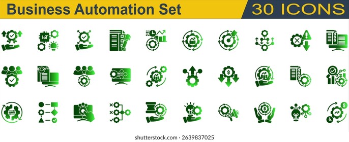 Business Automation Icon Set. Containing Accuracy,Analysis,Automation,Benefit,Business Automation,Business Management,Checklist,Combination,CRM,Curriculum Vitae. Solid Gradient Style