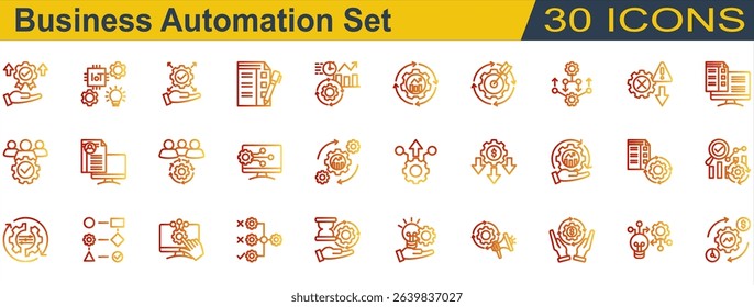 Business Automation Icon Set. Containing Accuracy,Analysis,Automation,Benefit,Business Automation,Business Management,Checklist,Combination,CRM,Curriculum Vitae. Outline Gradient Style