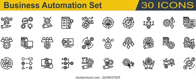 Business Automation Icon Set. Containing Accuracy,Analysis,Automation,Benefit,Business Automation,Business Management,Checklist,Combination,CRM,Curriculum Vitae. Outline Style