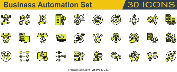 Business Automation Icon Set. Containing Accuracy,Analysis,Automation,Benefit,Business Automation,Business Management,Checklist,Combination,CRM,Curriculum Vitae. Solid Color Lineal Style