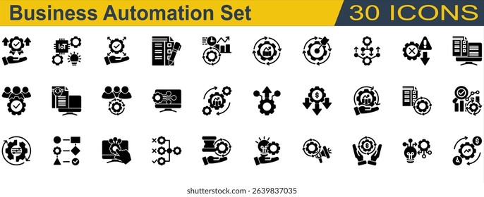 Business Automation Icon Set. Containing Accuracy,Analysis,Automation,Benefit,Business Automation,Business Management,Checklist,Combination,CRM,Curriculum Vitae. Solid Style