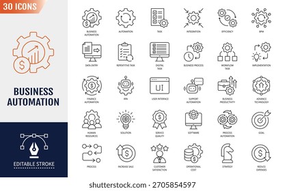 Conjunto de ícones de automação de negócios. Processo, otimização, integração robótica, modelo de negócios e muito mais. Traçado editável. Ilustração vetorial