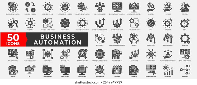 Business Automation Icons Collection Set. Containing Business, automation, digital transformation, productivity, industry, process, integration and data automation. Simple solid vector Illustration. 