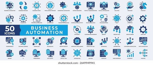 Business Automation Icons Collection Set. Containing Business, automation, digital transformation, productivity, industry, process, integration and data automation. Simple flat vector Illustration. 