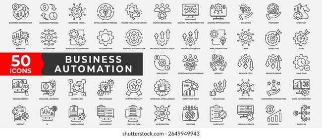 Business Automation Icons Collection Set. Containing Business, automation, digital transformation, productivity, industry, process, integration and data automation. Simple solid vector Illustration. 