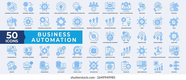 Business Automation Icons Collection Set. Containing Business, automation, digital transformation, productivity, industry, process, integration and data automation. Simple blue vector Illustration. 