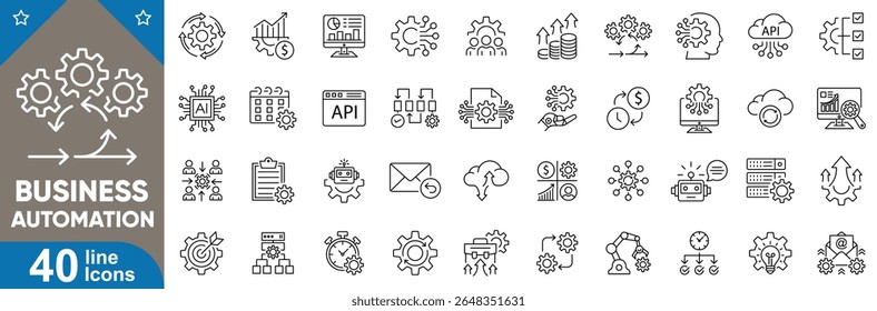 Business automation icons set. Workflow, automation, robot process, task management, integration, smart system, cloud sync, data analysis, API connection and more. Vector illustration