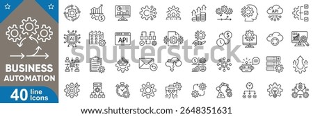Business automation icons set. Workflow, automation, robot process, task management, integration, smart system, cloud sync, data analysis, API connection and more. Vector illustration