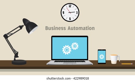 business automation with laptop and gear on the computer and the desk vector graphic illustration
