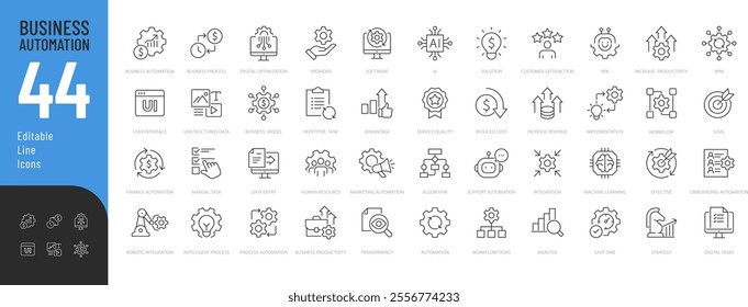 Business Automation Line Editable Icons set. Vector illustration in modern thin line style of technology related icons: optimization, robotic integration, business model, and more. 