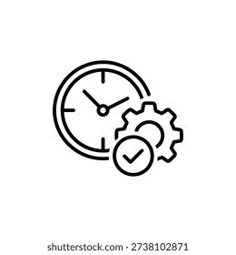 Business automation line icon clock with gear and check mark time management and workflow optimization black and white vector illustration
