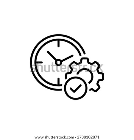 Business automation line icon clock with gear and check mark time management and workflow optimization black and white vector illustration