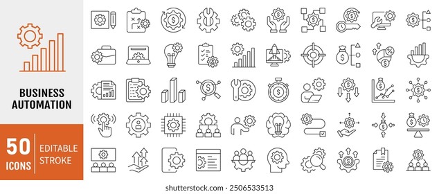 Conjunto de colecciones de iconos de línea de automatización empresarial. Contiene proceso, transformación digital, industria 4.0, productividad, tecnología, icono de negocio. Ilustración vectorial.