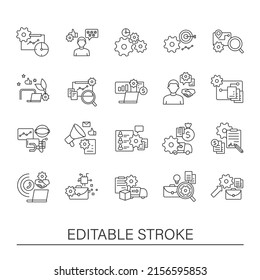 Business automation line icons set. Goals achieving, purchases order and delivery. Business optimization concepts.Isolated vector illustrations.Editable stroke