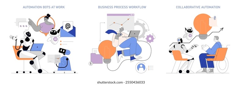 Conjunto de automação de negócios. Trabalho em equipe otimizado com IA, maior eficiência do fluxo de trabalho. Robôs que ajudam os seres humanos na produtividade. Ilustração vetorial.