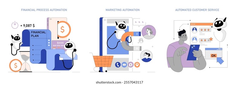 Business automation set. Streamlining finance, elevating marketing strategies, enhancing customer service. Ai-driven solutions for efficient workflow. Vector illustration.