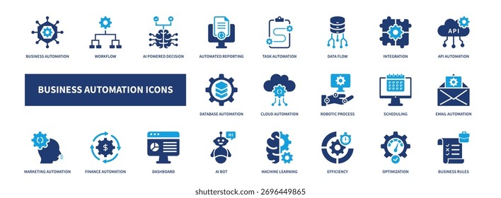 Conjunto de Ícones Sólidos de Automação Comercial. Coleção de símbolos de IA, aprendizado de máquina e otimização de fluxo de trabalho, como processo robótico e computação em nuvem para tecnologia digital