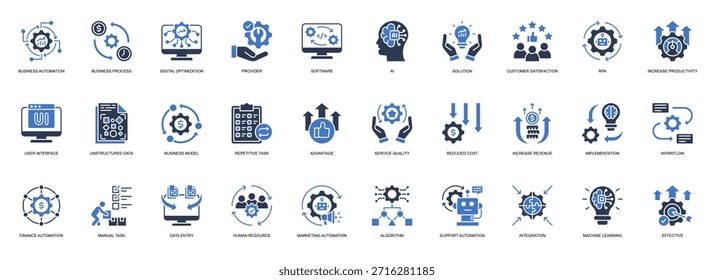 Conjunto de iconos de estilo sólido de automatización empresarial. Contenido de Negocio, Automatización, Proceso de Negocio, Optimización Digital, Proveedor, Software