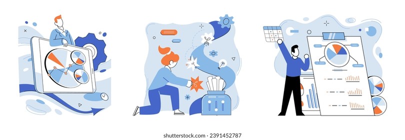 Business automation vector illustration. Smart management is lighthouse guiding ship automation Business automation is thread weaving fabric progress Auto intelligence is key unlocking doors