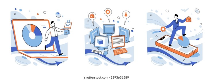 Ilustración vectorial de automatización de negocios. La tecnología y la automatización del negocio forman una asociación sin problemas. La producción automatizada es esencial para el progreso del cuerpo. La eficiencia y la automatización van de la mano