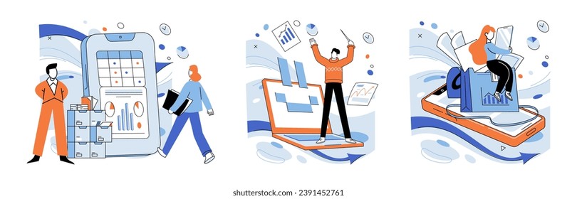 Business automation vector illustration. Workflow management is conductor in orchestra progress Digital engineering crafts path to automated improvement Technology and business automation form