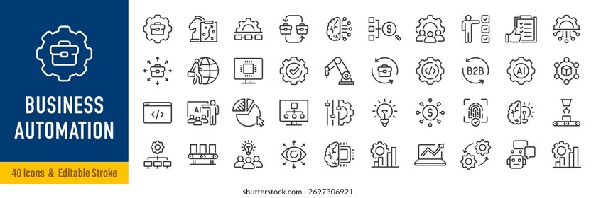 Business automation web icons in line style. AI integration, finance automation, data analytics, business model, cloud, infographic. Editable stroke. Vector illustration.	