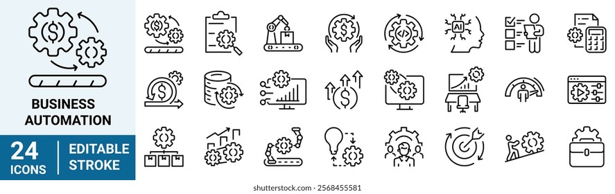 Business automation web line icon set. Containing process, digital transformation, industry, productivity, technology, business. vector illustration