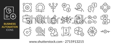 Business automation workflow icon set. It includes ai, chart, marketing, finance, process, smart, and more icons. Editable Vector Stroke.