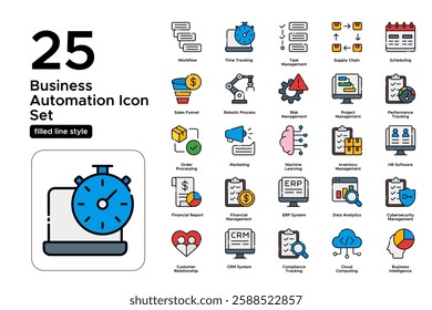 Business Automation and Workflow Optimization. AI, Process Management, and Efficiency. Vector Illustration. FIlled line icon set