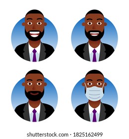 Business avatars set. African American businessman or manager. Various emotions: smile, joy, laughter, attentive service. Man wearing a medical mask protecting against the COVID-19 pandemic.