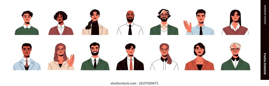 Business avatars set. Professional male and female, head portraits. People faces, employees, corporate staff, office workers, user profiles. Flat vector illustrations isolated on white background