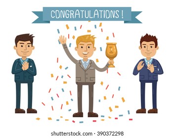 Business award ceremony illustration. Cheerful businessman standing with a cup isolated on white background. Winner concept, celebrating. Flat style vector illustration