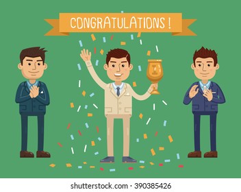 Business award ceremony illustration. Cheerful businessman standing with a cup. Winner concept, celebrating. Flat style vector illustration