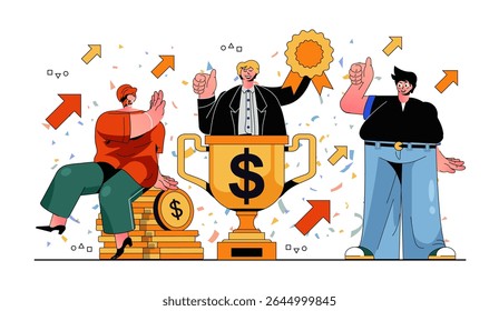 Business award concept for modern web design. People holding trophy cup, winning and achieving career goals, rewarding prize, team triumph. Flat vector illustration isolated on white background.
