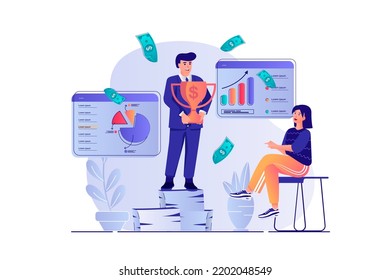 Business award concept with people scene. Man celebrating victory with trophy cup, woman congratulates colleague, teamwork and achieve goals. Vector illustration with characters in flat design for web