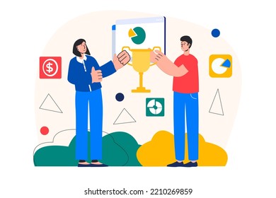 Business award concept with people scene in the flat cartoon style. Two businessman partners share the success of joint work in the company. Vector illustration.