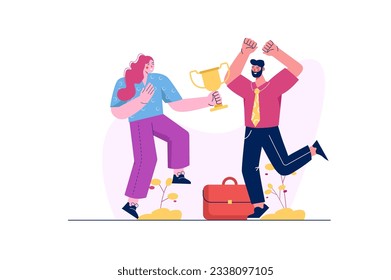Business award concept with people scene in the flat cartoon design. Business colleagues rejoice at joint victory in business. Vector illustration.