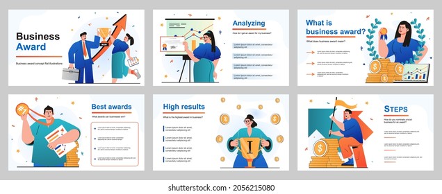 Business Award Konzept für Präsentation Folie Vorlage. Geschäftsleute und Geschäftsfrauen feiern Erfolg, Zielerreichung, Siegwettbewerb und gewinnen Trophäen. Vektorgrafik für Layout-Design