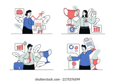 Business award concept set in flat line design. Men and women work achieve work goals and receive win cups, celebrate victories and career growth. Vector illustration with outline people scene for web