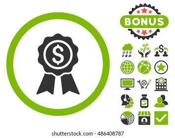 Business Award icon with bonus symbols. Vector illustration style is flat iconic bicolor symbols, eco green and gray colors, white background.