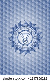 business award icon inside blue badge with geometric pattern.