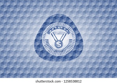 business award icon inside blue polygonal badge.