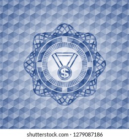 business award icon inside blue emblem or badge with abstract geometric polygonal pattern background.